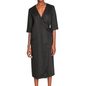 First Rite Black Crossover Half Sleeve Tencel Midi Wrap Dress